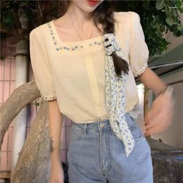 Women's Blouses Shirts Women Square Collar Embroidery Sweet Girl Simple Fashion Young Korean Style Minority Ins Chic Camisas Mujer Summer