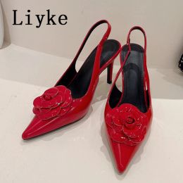 Pumps Liyke 2024 New Pumps Women Shoes Fashion Red Flowers Design Pointed Toe Wedding Prom High Heels Elastic Slip On Slingback Sandal