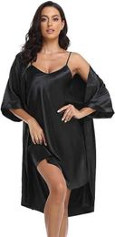 E6Q7 Sexy Pyjamas Womens Silk Satin Pajamas 2Pcs Sexy Silky Pj Robe Set with Chemise Nightgown 2404101