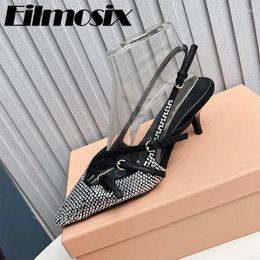 Dress Shoes Luxury Rhinestone Shallow Women 2024 Pointed Toe Kitten Heel Belt Buckle Sexy Back Strap Sandals