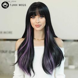 Synthetic Wigs 7JHH WIGS Long Wavy Dark Green Wig for Women Daily Cosplay Party Highlight Purple Synthetic Hair Wig with Bangs Heat Resistant Y240401