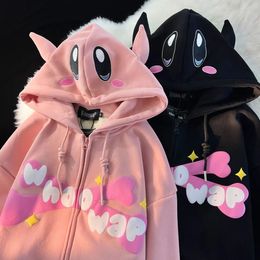 Harajuku diabo bordado hoodies feminino japonês doce streetwear dos desenhos animados solto moletom casal zip up hoodie goth y2k roupas 240326