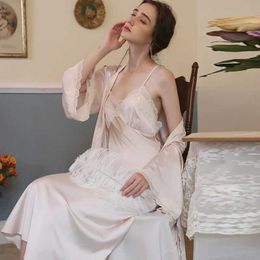 16GK Sexy Pyjamas SXTHAENOO 2023 Women Autumn Sexy Nightdress New Ice Silk Suspender Lace Pyjamas Elegant Robe Suit Oversize Loose Long Nightgown 2404101