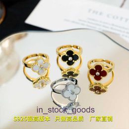 High grade designer rings for womens vancleff S925 Sterling Silver Red Black Agate High Edition Four Leaf Grass Full Diamond Natural White Fritillaria original 1:1