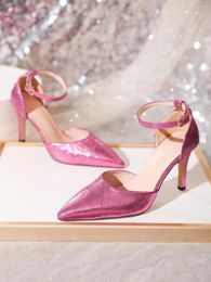 Dress Shoes Mary Janes Shine Pink Ankle Strap Lolita High Heels Wedding Y2k Pointed Toe Pumps Ladies On Offer 2024