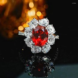 Cluster Rings Light Luxury Red Treasure Flower 925 Pure Silver High Carbon Diamond Ring Set Retro European And American Style