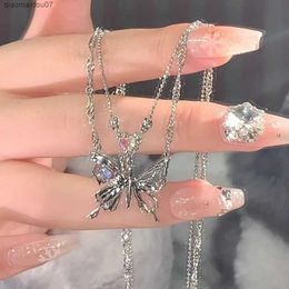 Pendant Necklaces Kpop Y2K Fashion Butterfly Pendant Necklace for Women Hip Hop Retro Double Chain Heart Necklace for Girls Gift JewelryL2404