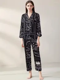 Home Clothing Mulberry Silk Geometric Print Womens Pajama Set Real Shirts And Pants 2pcs