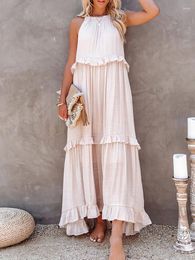 Casual Dresses Solid Sleeveless Long Dress Women Summer Female Elegant Hollow Tie-Up Party Ladies Ruffle Pullover Beach