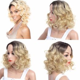 Wigs Short Wave Ombre Blonde Bob Hair Dark Roots Synthetic Side Part Wig Two Tone