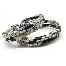 Chain Mens Black Python Leather Bracelet Real Python Leather Bracelet with Steel Buckle and Beaded Bracelet Q240401