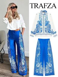 Women's Two Piece Pants TRAFZA Women Set Print Turn-Down Collar Long Sleeves Single Breasted Casual Shirts High Waist Pocket Zipper Wide Leg