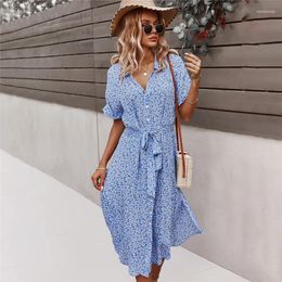Party Dresses Women Casual Short Sleeve Dress Button Floral Print For Woman Summer Holiday Style Bandage 2024