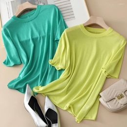 Women's T Shirts 2024 Spring And Summer Women Thin Silk Cashmere Round Neck Loose Bright Colour Knitted T-shirt