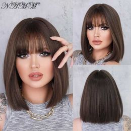 Synthetic Wigs NAMM Short Straight Wigs Light Brown Colour Ombre Blue Grey Bob Wigs Women Synthetic Wig with Bangs Cosplay Hair Heat Resistant Y240401