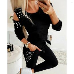 Women's Two Piece Pants Women Beaded Decor Two-Piece Set Cold Shoulder O-Neck Long Sleeve Top & Drawstring Casual Femme Skinny Outfits