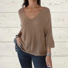 Women's Sweaters Spring Three-quarter Sleeve Thin Knitting Sweater Women Casual V Neck Simple Tops Pullover Autumn Solid Loose Bottoming