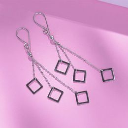 PT950 Pure Platinum 950 Dangle Women Gift Lucky Three Square O Link Chain Earrings 3g 240401