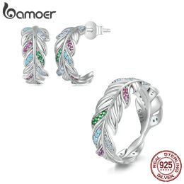Sets Bamoer 925 Sterling Silver Delicate Colourful Zircon Feather Ring and Earrings Jewellery Set Pave Setting CZ for Women Fine Jewellery