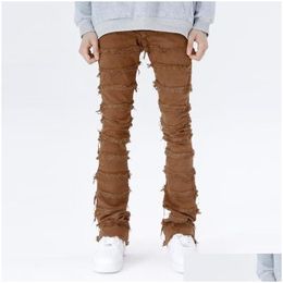 Mens Jeans Retro Patchwork Flared Pants Grunge Wild Stacked Ripped Long Trousers Straight Y2K Baggy Washed Faded For Men Drop Delivery Dhhui