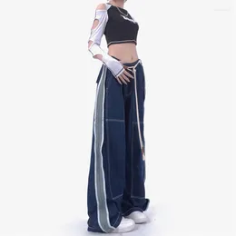 Women's Jeans Streetwear Side Stripe Sweatpants Y2k Retro Elastic Low Waisted Baggy Ruched Joggers Women Fashion Trousers Blue