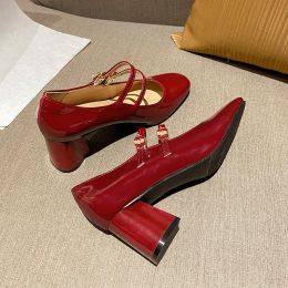 Pumps 2023 Spring Autumn Women Double Mary Janes Shoes Patent Leather Dress Shoes High Heels Pumps Retro Ladies Shoe Black Red