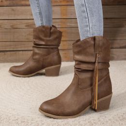 Boots Women Vintage Brown Western Cowboy Boots Autumn Winter Tassel PU Leather Ankle Booties Ladies Pleated Highheeled Midcalf Boot