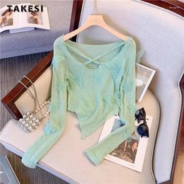 Women's T Shirts 2024 Winter Elegant Sexy Casual Long Sleeve Hollow Out T-Shirts Fashion Sweet Club Style Sheath Coquette Tees Tops