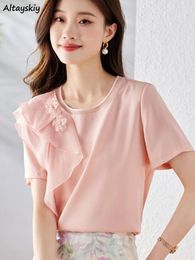 Women's Blouses Women Comfortable Fit Simple Summer Appliques All-match Solid Flower Office Lady Pleated O-neck Elegant Trendy Design