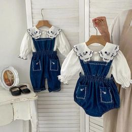 Clothing Sets 2024 Baby Girl Clothes 0-3Years Kids Long Sleeve Embroidery Shirt Tops Denim Romper Elastic Waist Jeans Jumpsuit Overalls