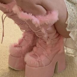 Boots Furry Pink Platform Boots Women Winter Square Head Lace Up Plus Size Knee High Boots Party High Heels Tacones Mujer Plataforma