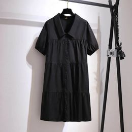 150Kg Plus Size Womens Summer Loose Cotton Short Sleeve ALine Dress Bust 152cm 5XL 6XL 7XL 8XL 9XL Lapel Button Black 240327