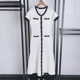 Designer Dress Trend 2024 Spring/Summer Cream White Contrast Black Edge Round Neck Single breasted Mesh Hook Needled Elegant Dress