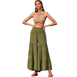 Pretty Steps High Waist Slimming Loose Cotton Trousers Holiday Beach Pants Womens Pleated Stitching Wide-leg