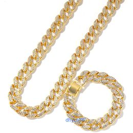 European and American Hip Hop Necklace Mens Alloy 15mm Full Diamond Miami Cuban Chain Jewellery Set