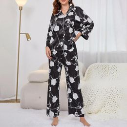 Women's Sleepwear Silk Satin Pyjamas Sets Set Autumn Winter Floral Print Long Sleeve Tops Pants 2 Pieces Home Clothing