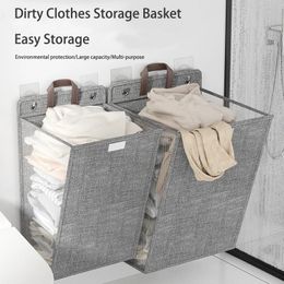 1Pc Dirty Clothes Basket Foldable Adhesive Laundry Hamper Punch Free Wall Hanging Washing Mesh Hook Organiser 240401