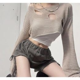 Women's Blouses Knitwear Cardigans Sun Protection Hollow Out Breathable Autumn Spring Patched Tank Top Cover Long Sleeve Shirt Crop