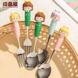 Spoons KAWASIMAYA Cartoon Stainless Steel Spoon High Colour Value Household Cute Children Baby Small Fork Fruit Set