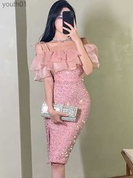 Basic Casual Dresses Summer Pink Sequins Patchwork Mesh Ruffled Sexy Sling Dress Women Fashion International Brand 2024 Elegant Bodycon yq240402