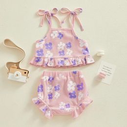 Clothing Sets Infant Baby Girl Summer Outfit Spaghetti Straps Floral Crop Top Knitted Ribbed Bloomer Shorts 2Pcs Clothes Set