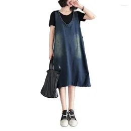 Casual Dresses Big Size Loose Denim Vest Dress Female Fashion Women's Summer V-Neck Hooded Sleeveless Vestidos Blue