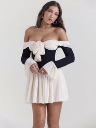 Mozision Elegant Strapless Backless Sexy Mini Dress For Women Off-shoulder Long Flare Sleeve Pleated Club Party Dress 240314