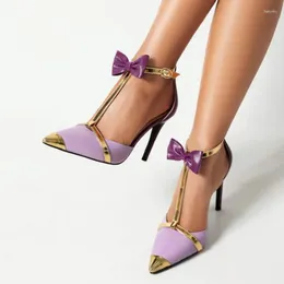 Sandals Purple Metal Patchwork Bow Sexy Pointed 10cm Slim Heel Banquet Fashion White Birthday Party Women's Shoes 34-48