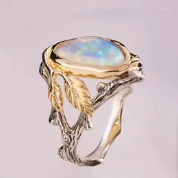 With Side Stones Hainon Luxury Female Blue White Fire Opal Rings 2024 Silver/Gold Colour Leaf Ring Vintage Wedding Engagement For Women