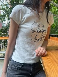 Girls Sweet Angel Print Slim T Shirt Summer Streetwear O Neck Soft Cotton Short Sleeve TShirts For Women Vintage Cute Y2k Tops 240401