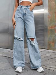 Jeans da donna autunno vita alta dritti strappati pantaloni in denim blu moda streetwear pantaloni larghi a gamba larga casual