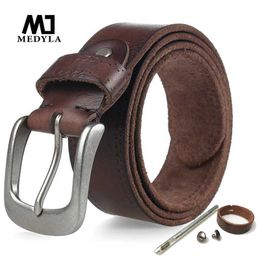 Belts MEDYLA Real Leather Mens Belt Soft Raw Cowhide Solid Hard Metal Buckle Genuine Leather Belt Mens Natural Leather No Interlayer Q240401
