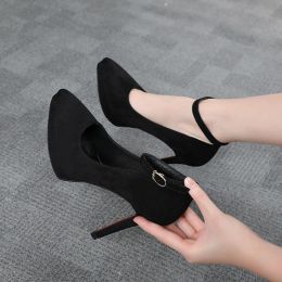 Pumps Pointed Toe Thin Heel One Word Band Womens Pumps Sexy Solid Flock 10 Cm Platform Work Shoes Small Size High Heels 32 33