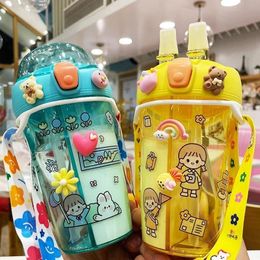 430ML Cute Childrens Double Drinking Water Bottle with Straw Portable Bottle Student Couple Plastic Cup for School Kids Kettle 240319